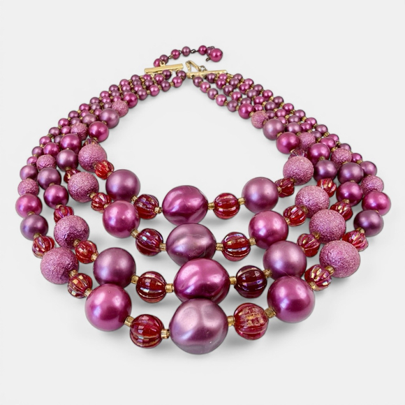Vintage Jewelry - Vintage 1950s Pink Multi Strand Faux Pearl Necklace Red Aurora Borealis Beads